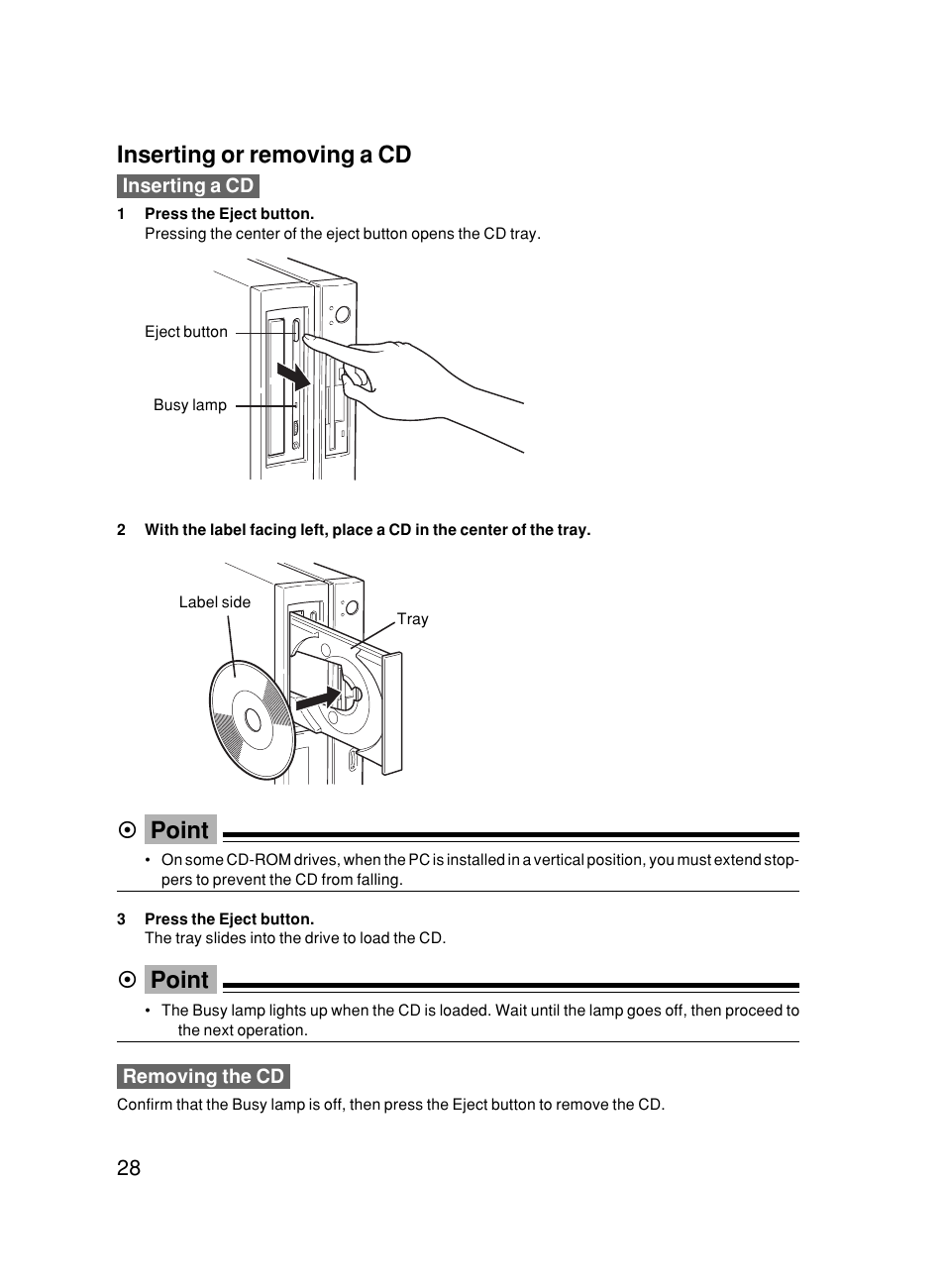 Inserting or removing a cd, Point | FUJITSU 500 User Manual | Page 39 / 80