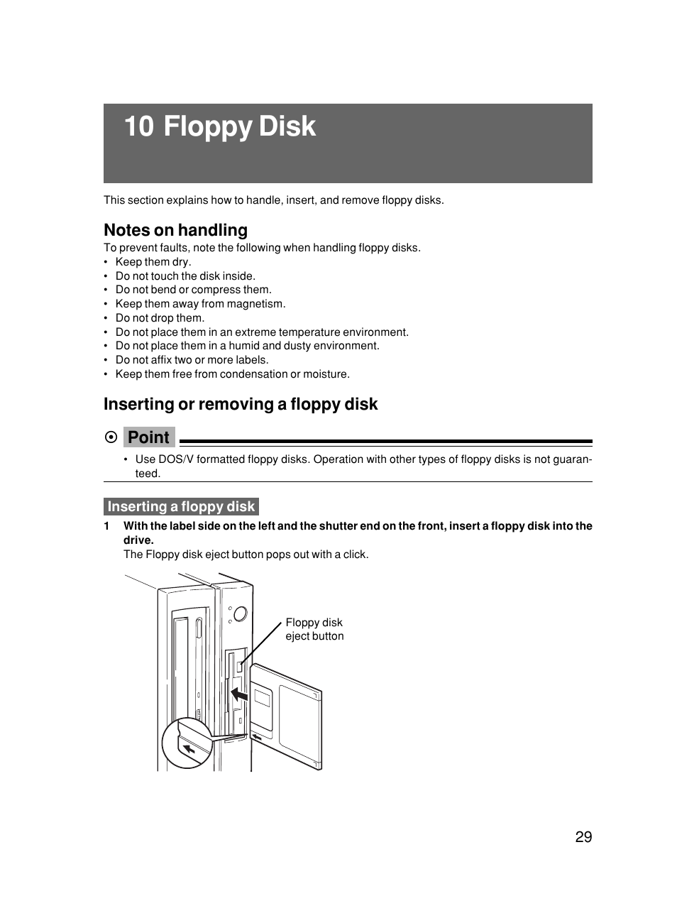 10 floppy disk, Inserting or removing a floppy disk point | FUJITSU 500 User Manual | Page 40 / 80