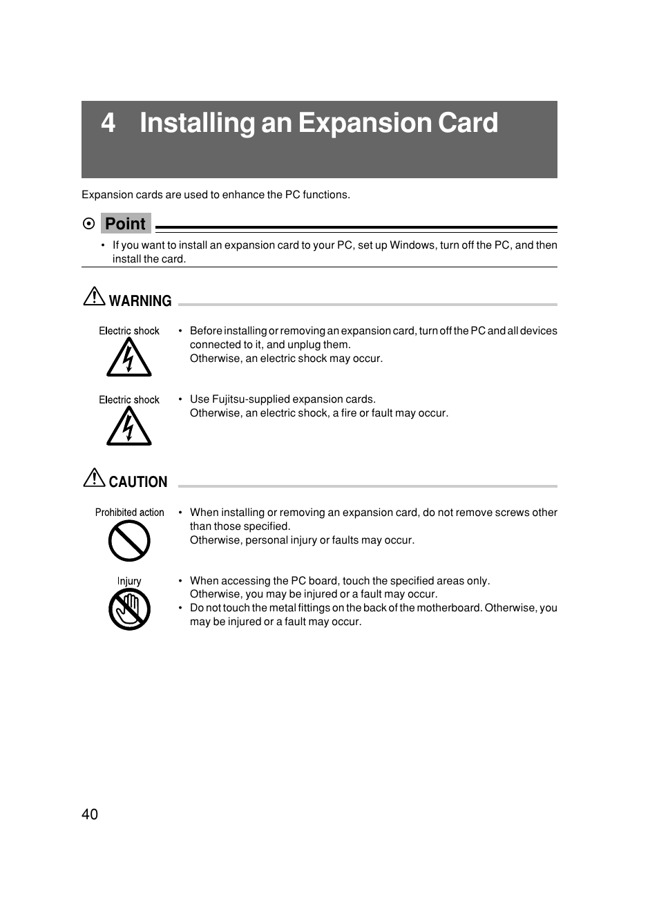 4 installing an expansion card, Point | FUJITSU 500 User Manual | Page 51 / 80
