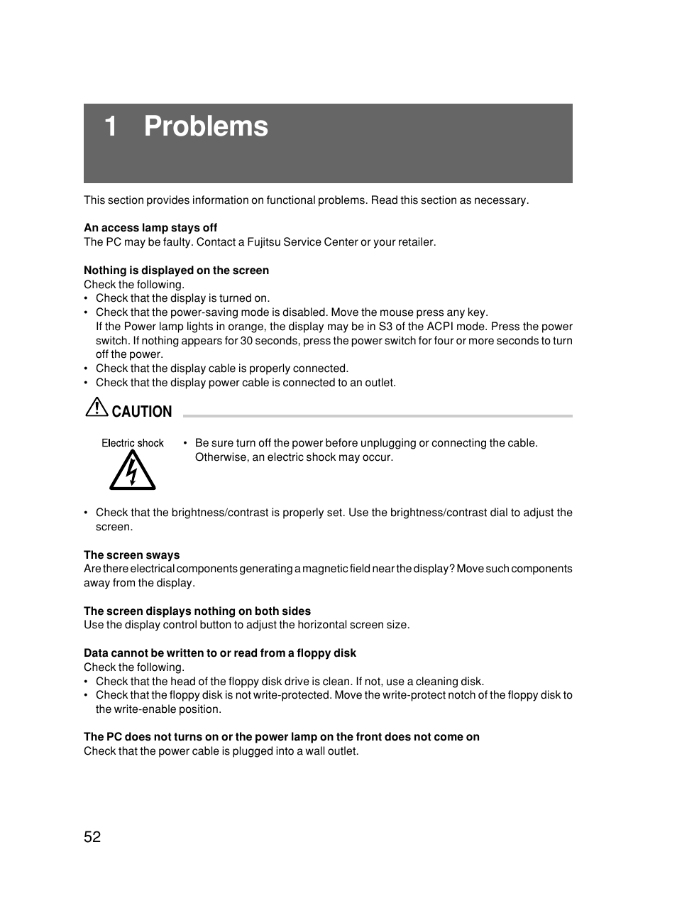 1 problems, Caution | FUJITSU 500 User Manual | Page 63 / 80