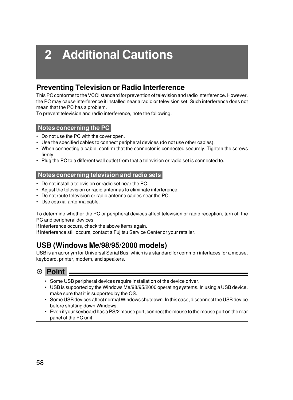 2 additional cautions, Preventing television or radio interference, Point | FUJITSU 500 User Manual | Page 68 / 80