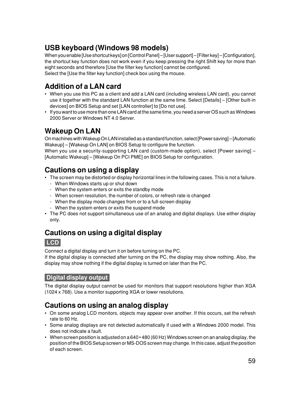 Usb keyboard (windows 98 models), Addition of a lan card, Wakeup on lan | Cautions on using a display, Cautions on using a digital display, Cautions on using an analog display | FUJITSU 500 User Manual | Page 69 / 80