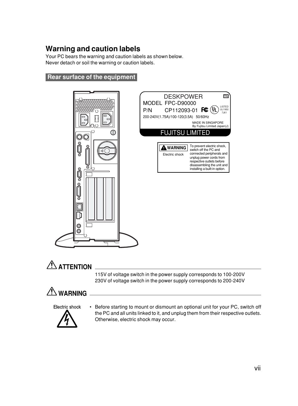 Warning and caution labels, Attention, Warning | Fujitsu limited, Rear surface of the equipment, Deskpower | FUJITSU 500 User Manual | Page 7 / 80