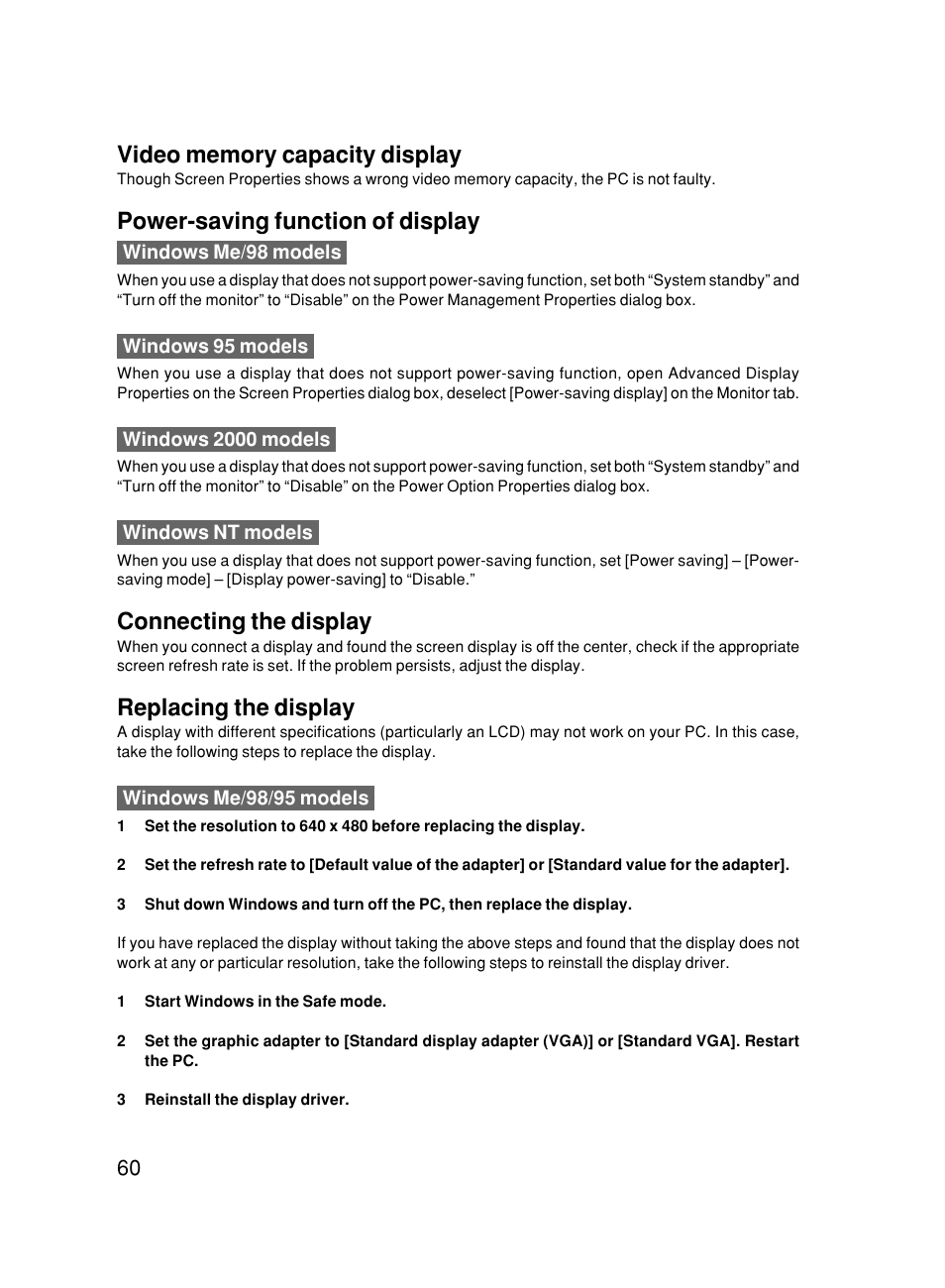 Power-saving function of display, Connecting the display, Replacing the display | FUJITSU 500 User Manual | Page 70 / 80