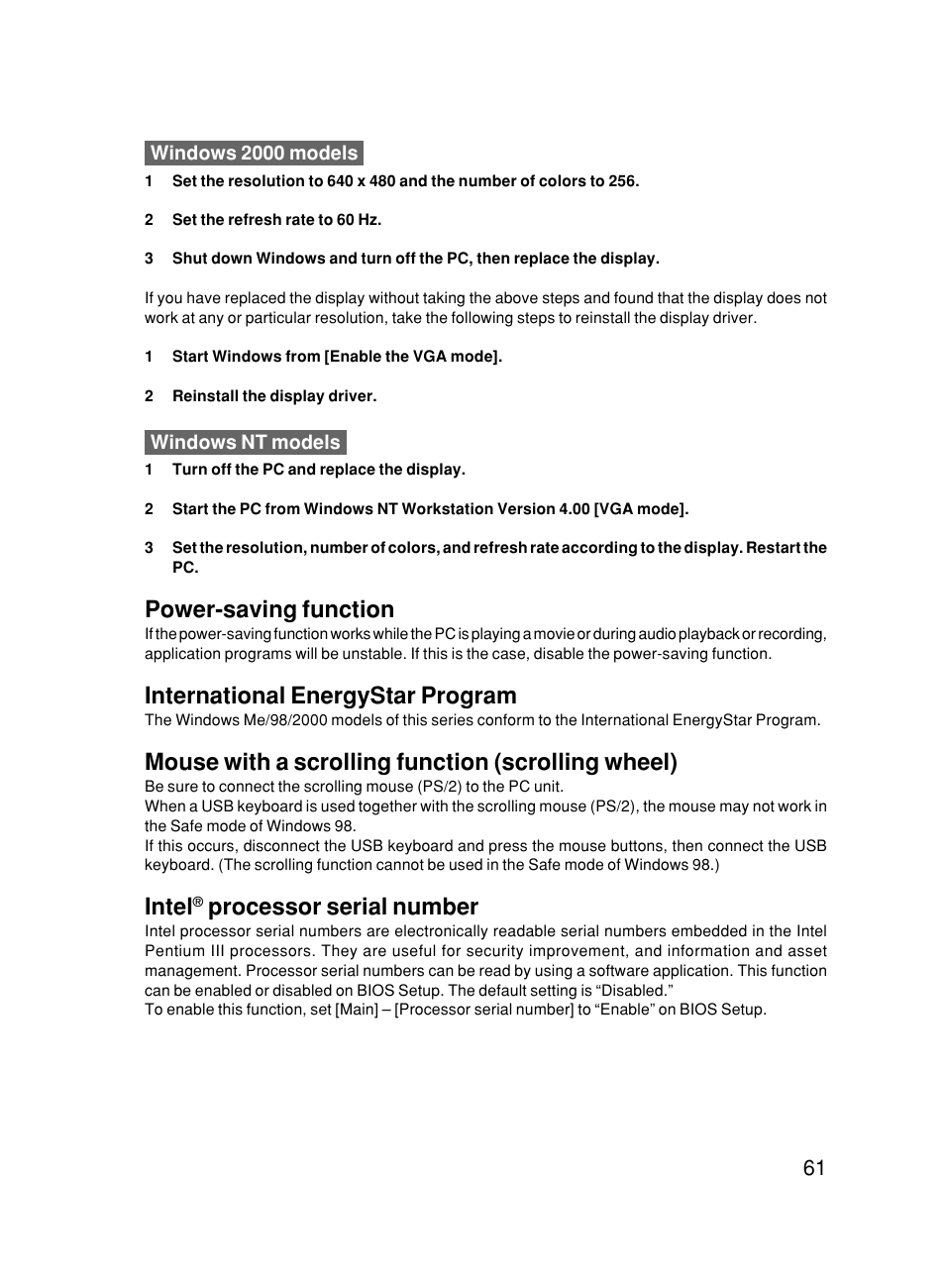 Power-saving function, International energystar program, Mouse with a scrolling function (scrolling wheel) | Intel, Processor serial number | FUJITSU 500 User Manual | Page 71 / 80