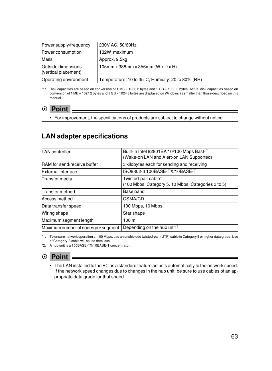 Point, Lan adapter specifications | FUJITSU 500 User Manual | Page 73 / 80
