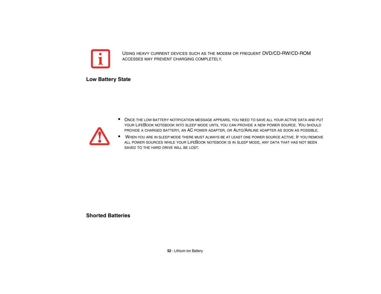 Low battery state, Shorted batteries | FUJITSU LifeBook A3210 User Manual | Page 57 / 183