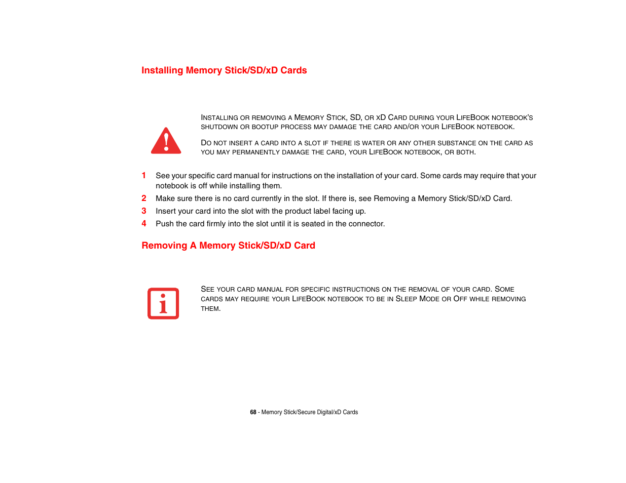 Installing memory stick/sd/xd cards, Removing a memory stick/sd/xd card | FUJITSU LifeBook A3210 User Manual | Page 73 / 183