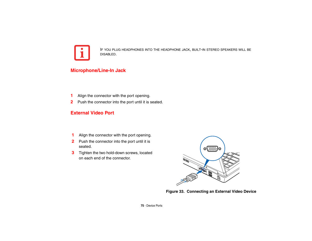 Microphone/line-in jack, External video port, Microphone/line-in jack external video port | FUJITSU LifeBook A3210 User Manual | Page 80 / 183