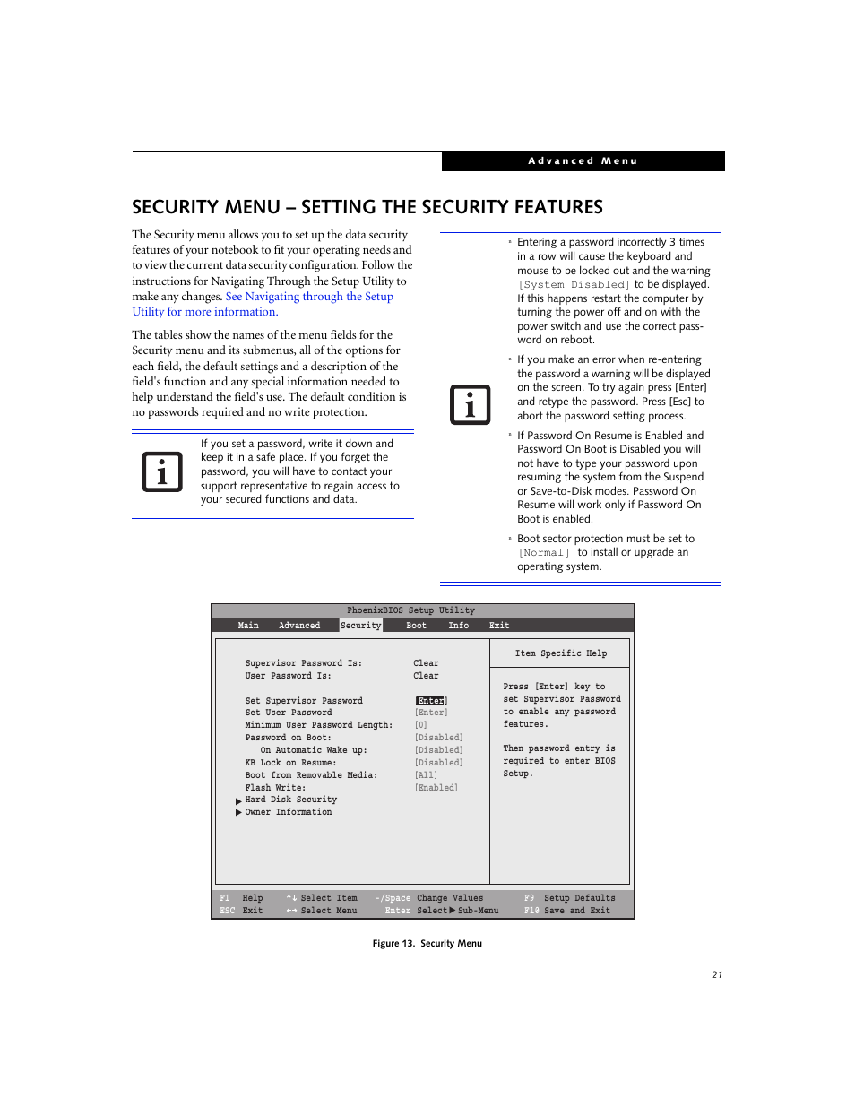 Security menu – setting the security features | FUJITSU C1320D User Manual | Page 21 / 30