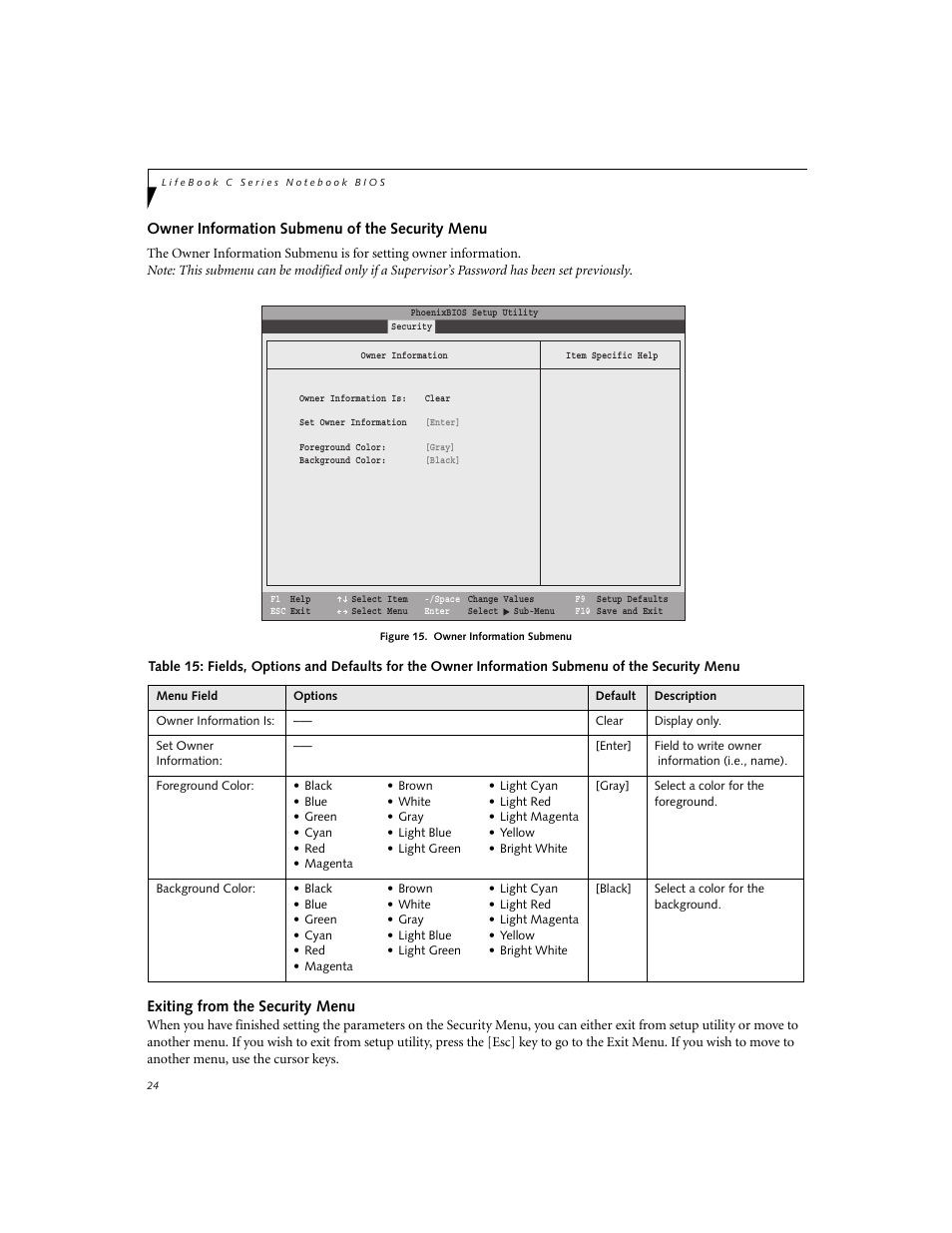 Owner information submenu of the security menu, Exiting from the security menu | FUJITSU C1320D User Manual | Page 24 / 30