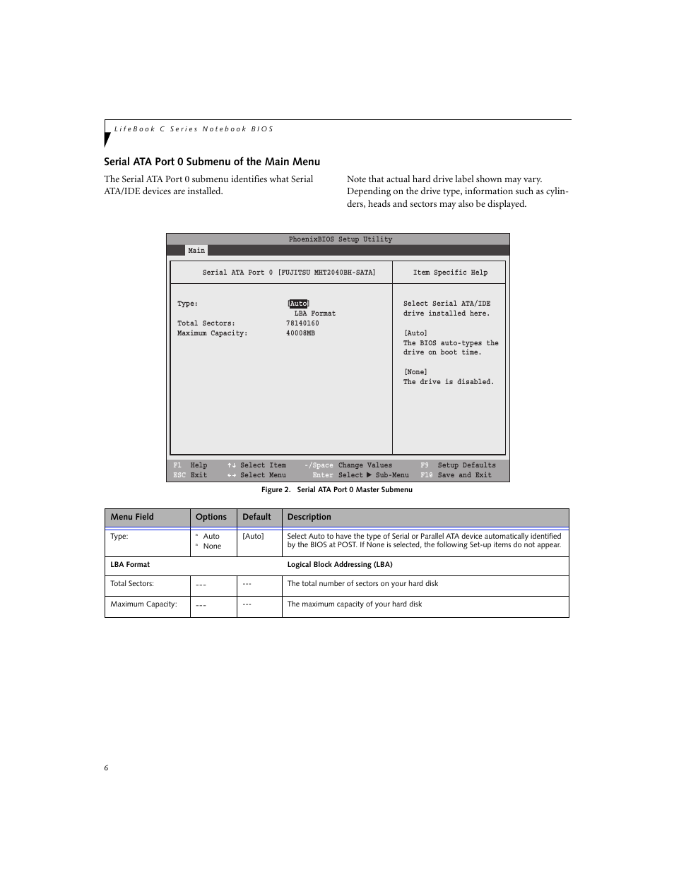 Serial ata port 0 submenu of the main menu | FUJITSU C1320D User Manual | Page 6 / 30