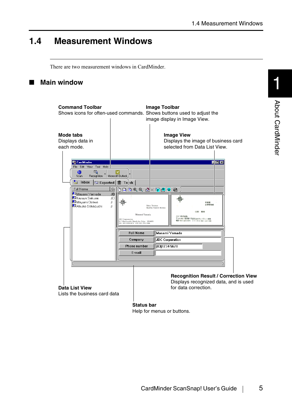 4 measurement windows, Main window | FUJITSU CardMinder User Manual | Page 11 / 46