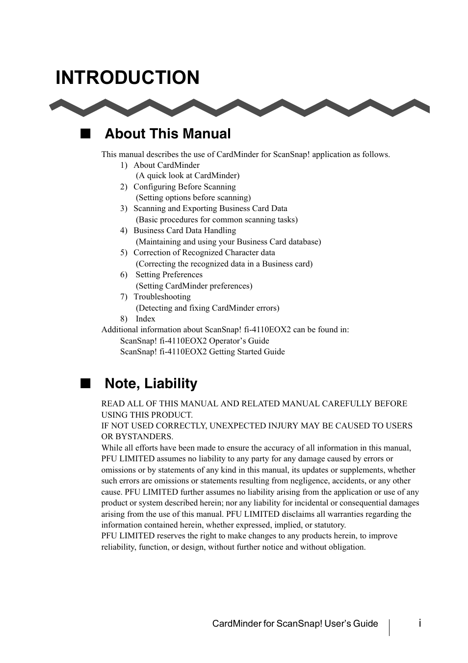 Introduction, About this manual, Note, liability | FUJITSU CardMinder User Manual | Page 2 / 46