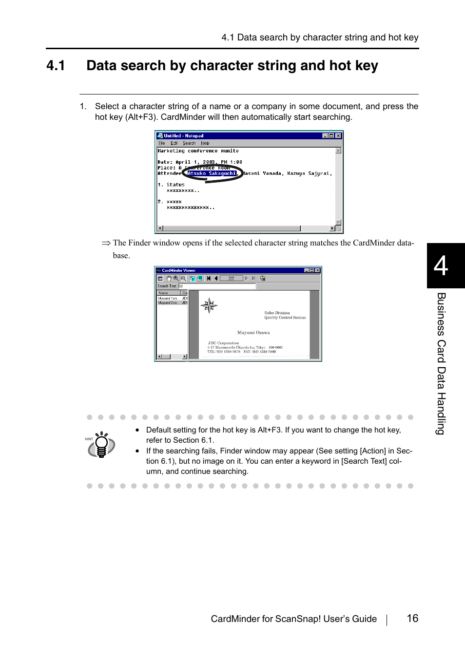 1 data search by character string and hot key, See section 4.1) | FUJITSU CardMinder User Manual | Page 22 / 46