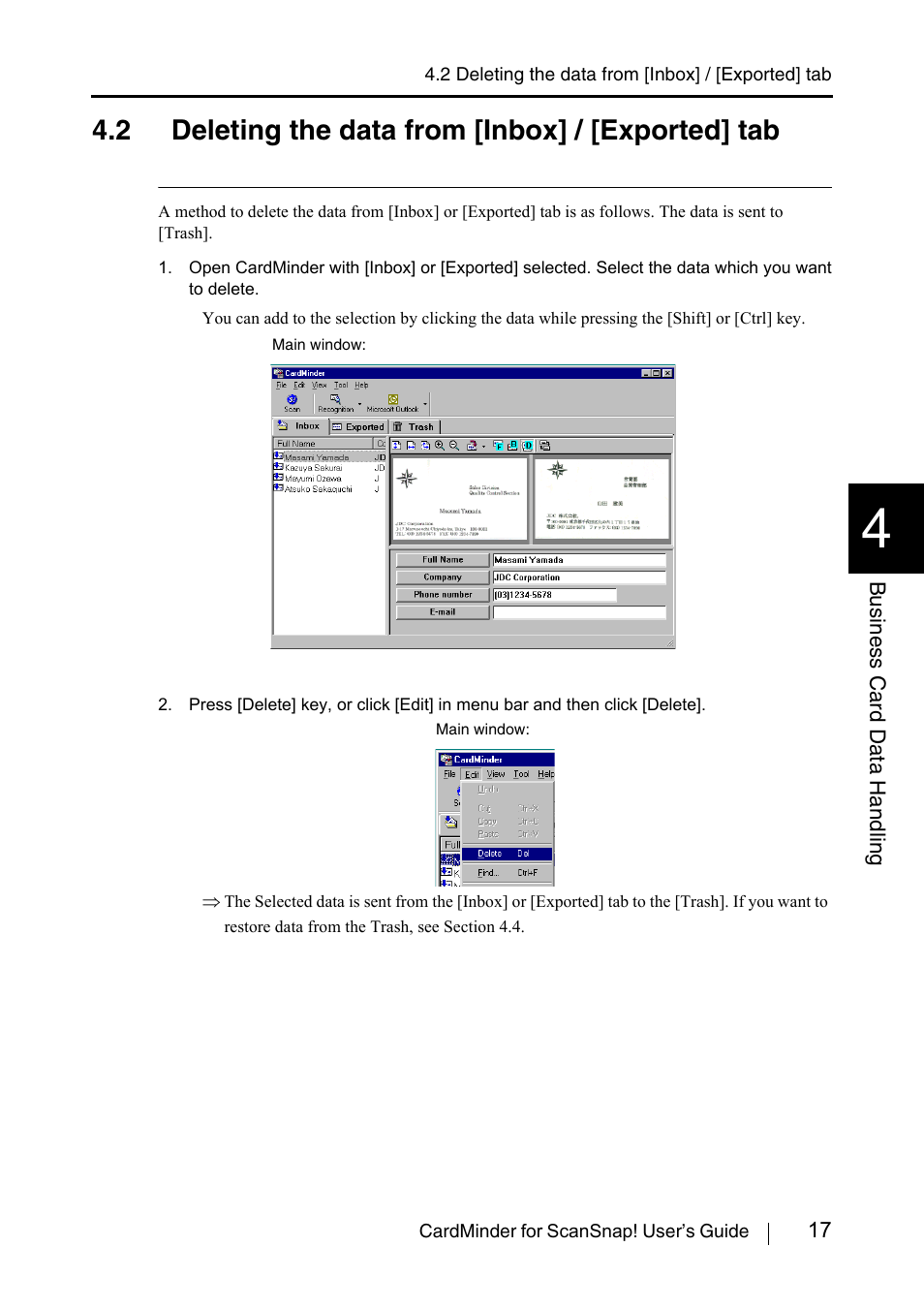 2 deleting the data from [inbox] / [exported] tab, See section 4.2) | FUJITSU CardMinder User Manual | Page 23 / 46