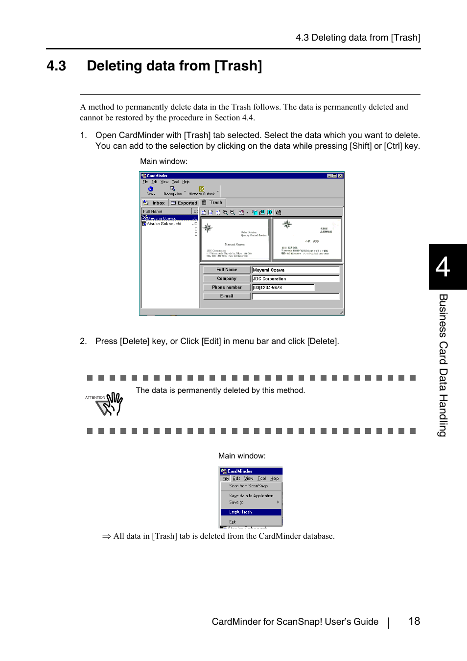 3 deleting data from [trash, Trash] tab (see section 4.3) | FUJITSU CardMinder User Manual | Page 24 / 46