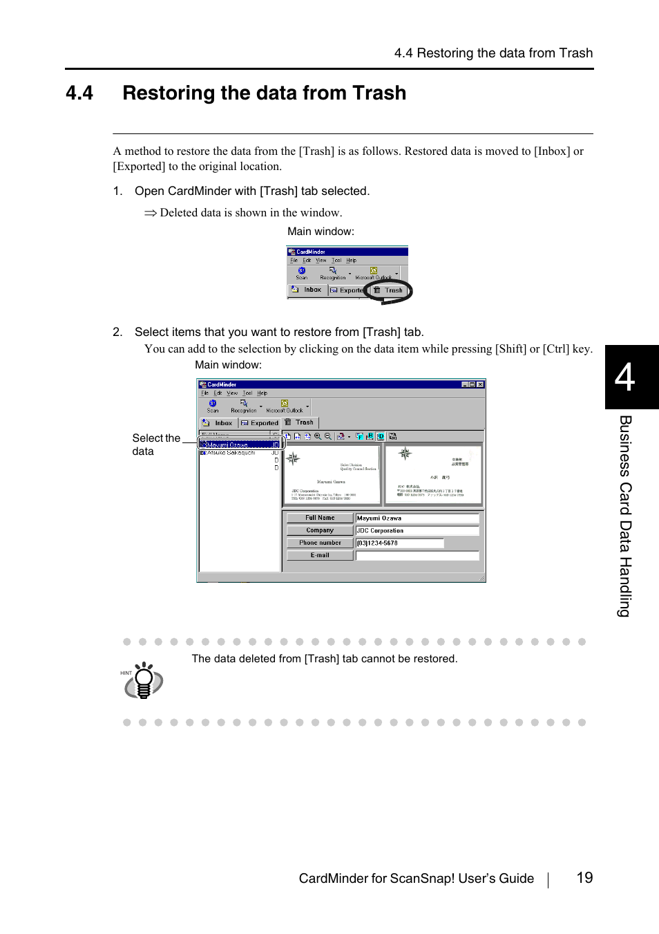 4 restoring the data from trash, Section 4.4) | FUJITSU CardMinder User Manual | Page 25 / 46