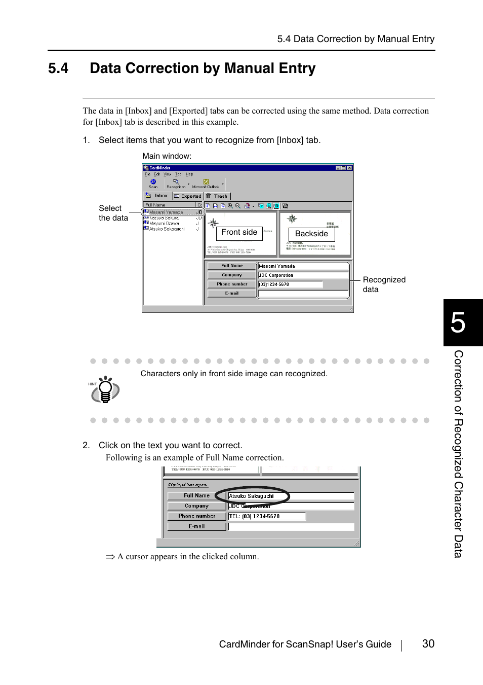 4 data correction by manual entry | FUJITSU CardMinder User Manual | Page 36 / 46