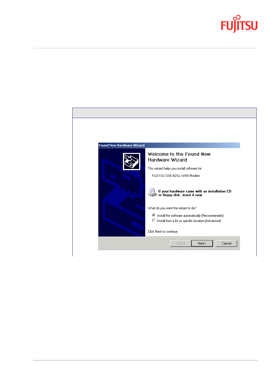 Procedure 2-9, Software setup for windows xp - modem plugged in | FUJITSU ISSUE 02 3XAX-00803AAS User Manual | Page 49 / 100