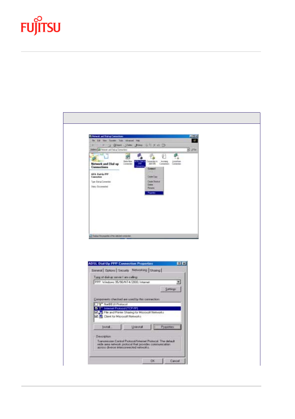 Windows 2000, Windows 2000 -20, Procedure 4-7 | Set the tcp/ip for windows 2000 -20, Set the tcp/ip for windows 2000 | FUJITSU ISSUE 02 3XAX-00803AAS User Manual | Page 84 / 100