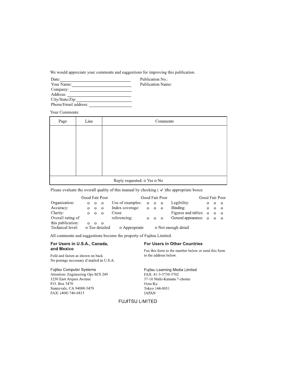Reader’s comment form | FUJITSU SPARC ENTERPRISE M4000 User Manual | Page 20 / 444