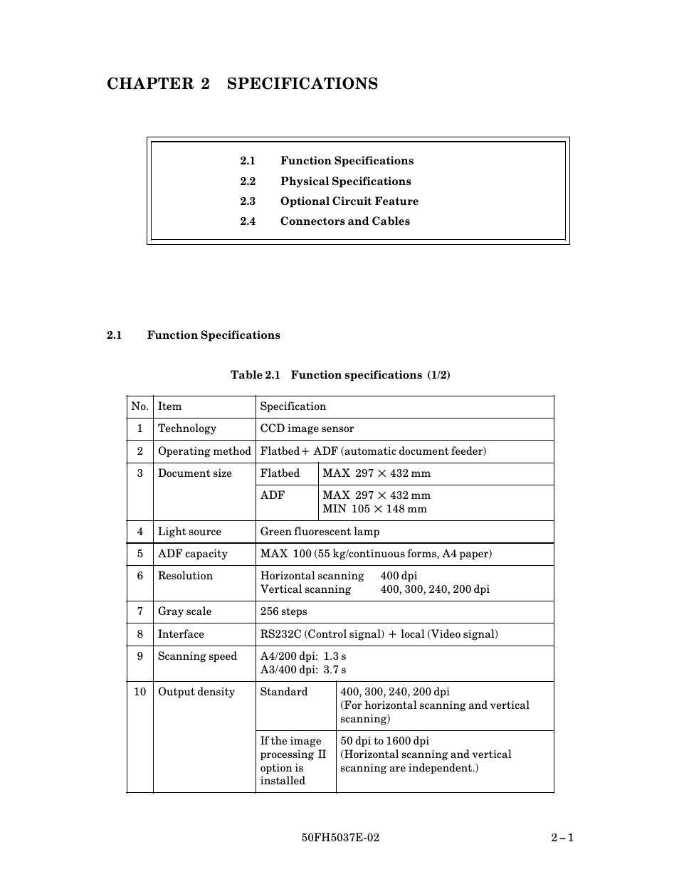 Chapter 2 specifications, 1 function specifications, Function specifications $ 1 | FUJITSU 50FH5037E-02 User Manual | Page 17 / 142