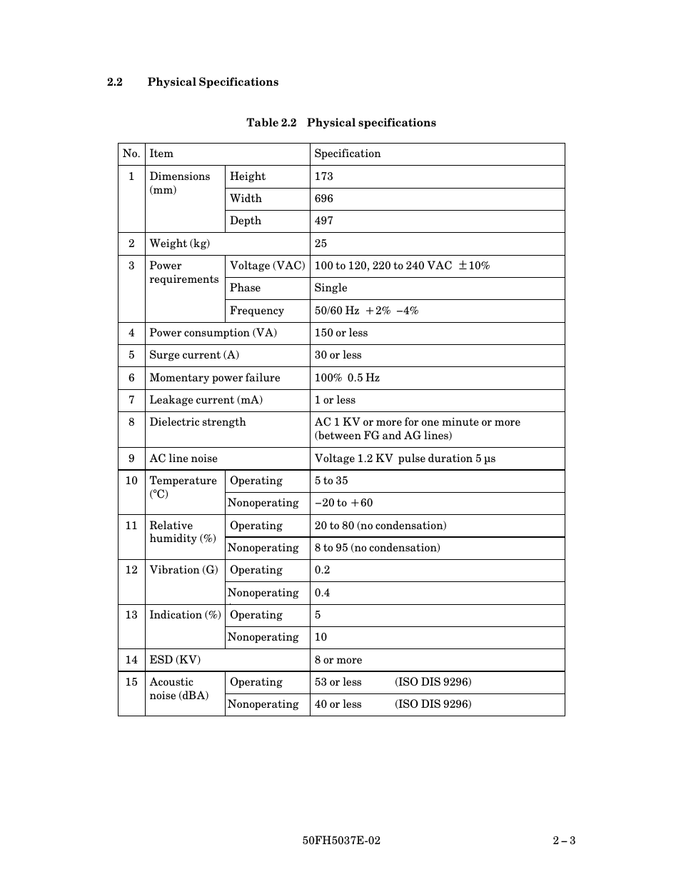 2 physical specifications, Physical specifications $ 3 | FUJITSU 50FH5037E-02 User Manual | Page 19 / 142