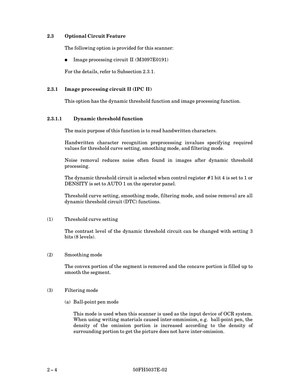 3 optional circuit feature, 1 image processing circuit ii (ipc ii), 1 dynamic threshold function | Optional circuit feature, Image processing circuit ¬ (ipc ¬) | FUJITSU 50FH5037E-02 User Manual | Page 20 / 142