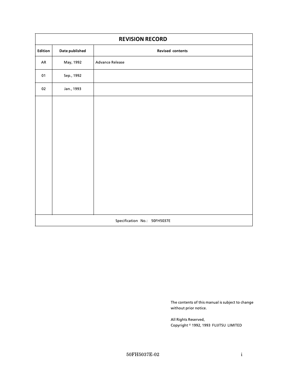 Revision record | FUJITSU 50FH5037E-02 User Manual | Page 3 / 142