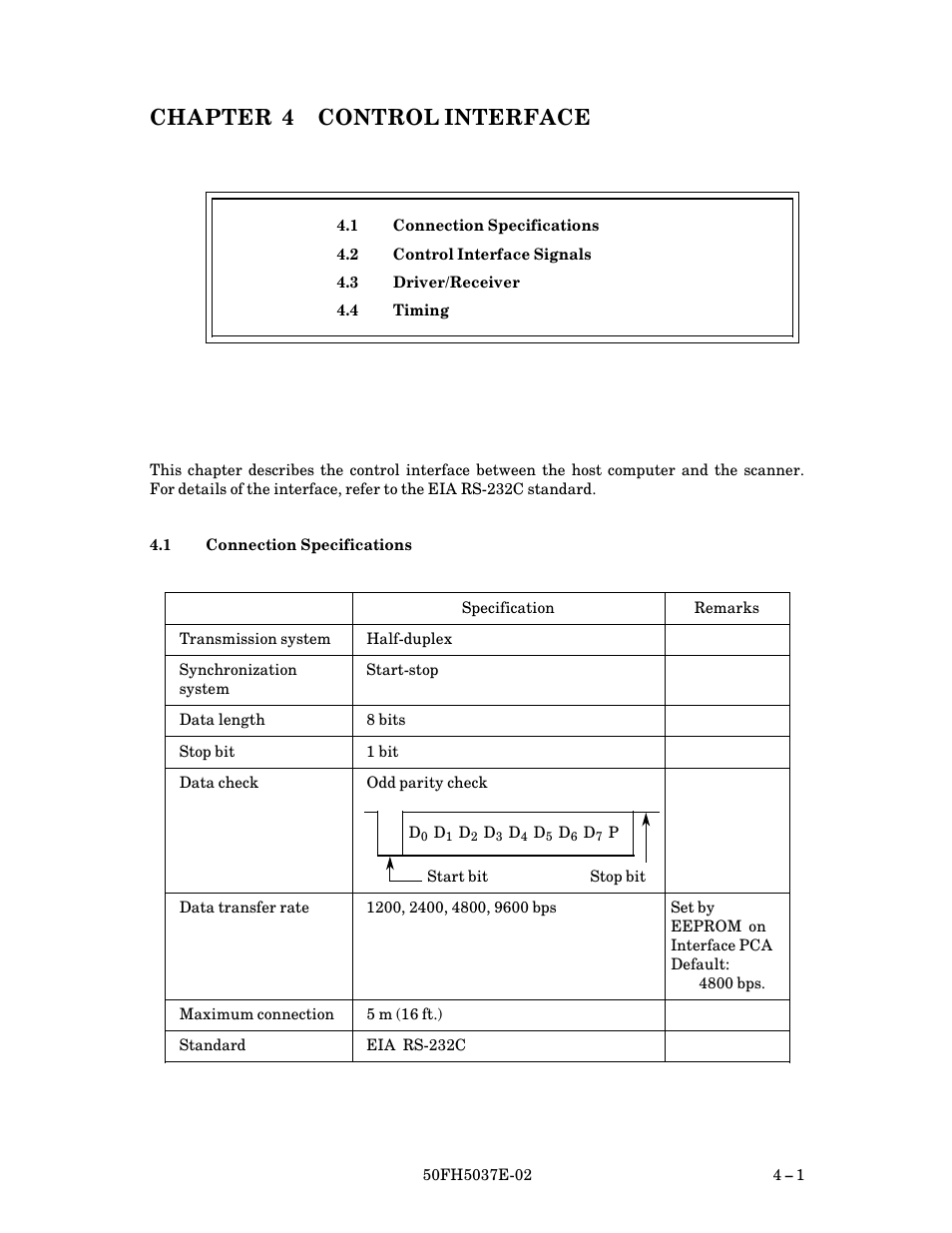 Chapter 4 control interface, 1 connection specifications, Connection specifications | FUJITSU 50FH5037E-02 User Manual | Page 35 / 142
