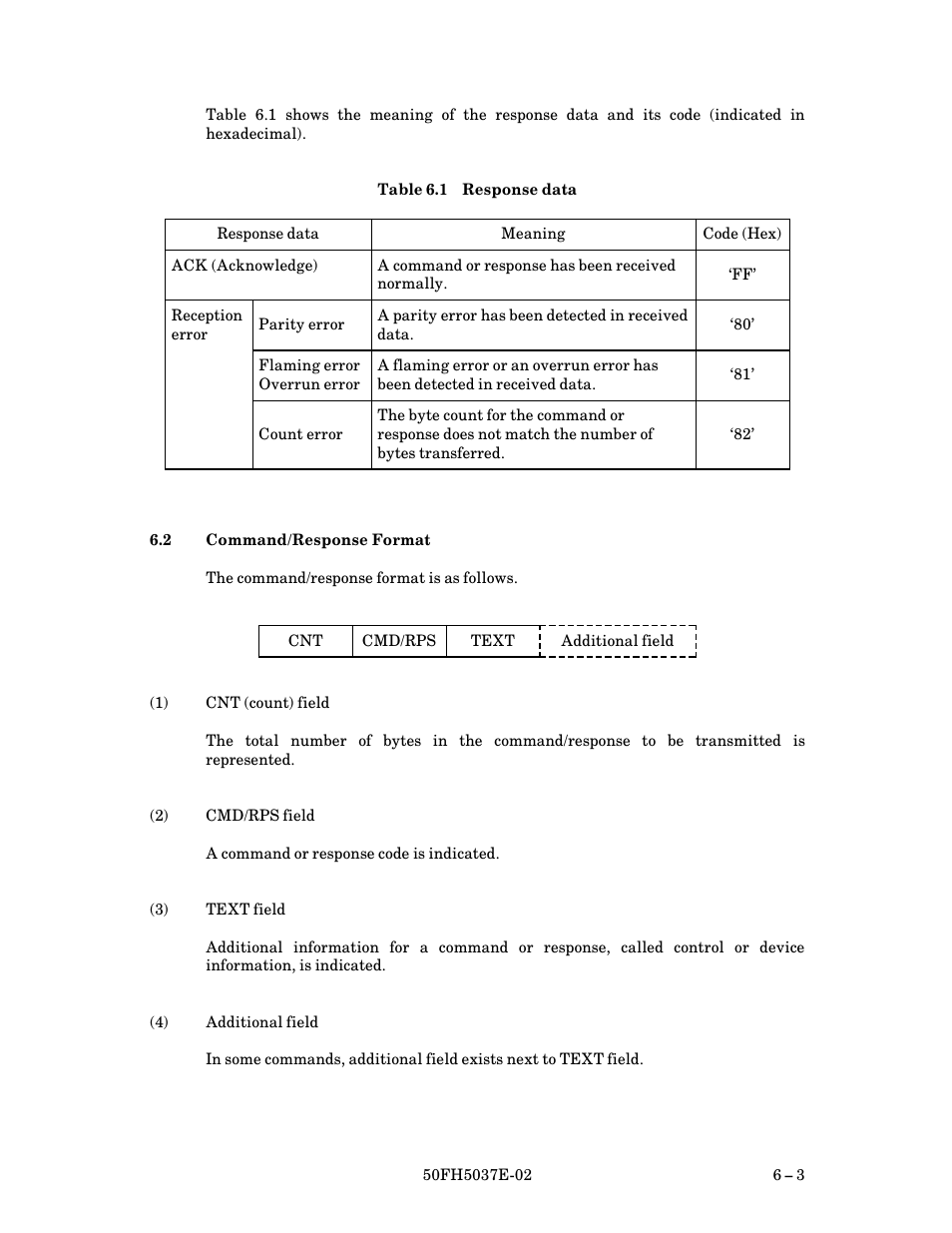 2 command/response format, Command/response format, Response data $ 3 | FUJITSU 50FH5037E-02 User Manual | Page 53 / 142
