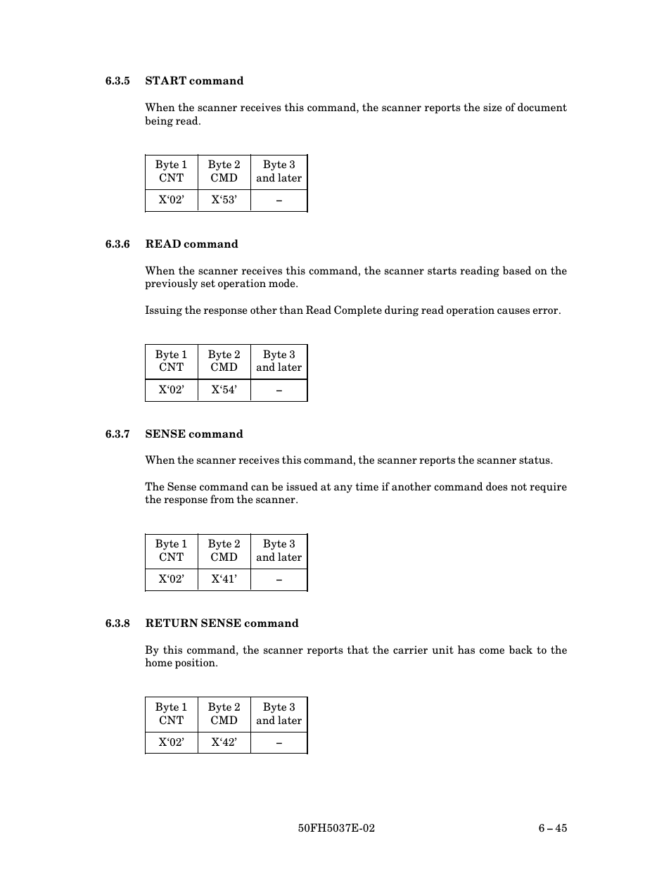 5 start command, 6 read command, 7 sense command | 8 return sense command, Start command $ 45, Read command $ 45, Sense command $ 45, Return sense command | FUJITSU 50FH5037E-02 User Manual | Page 95 / 142