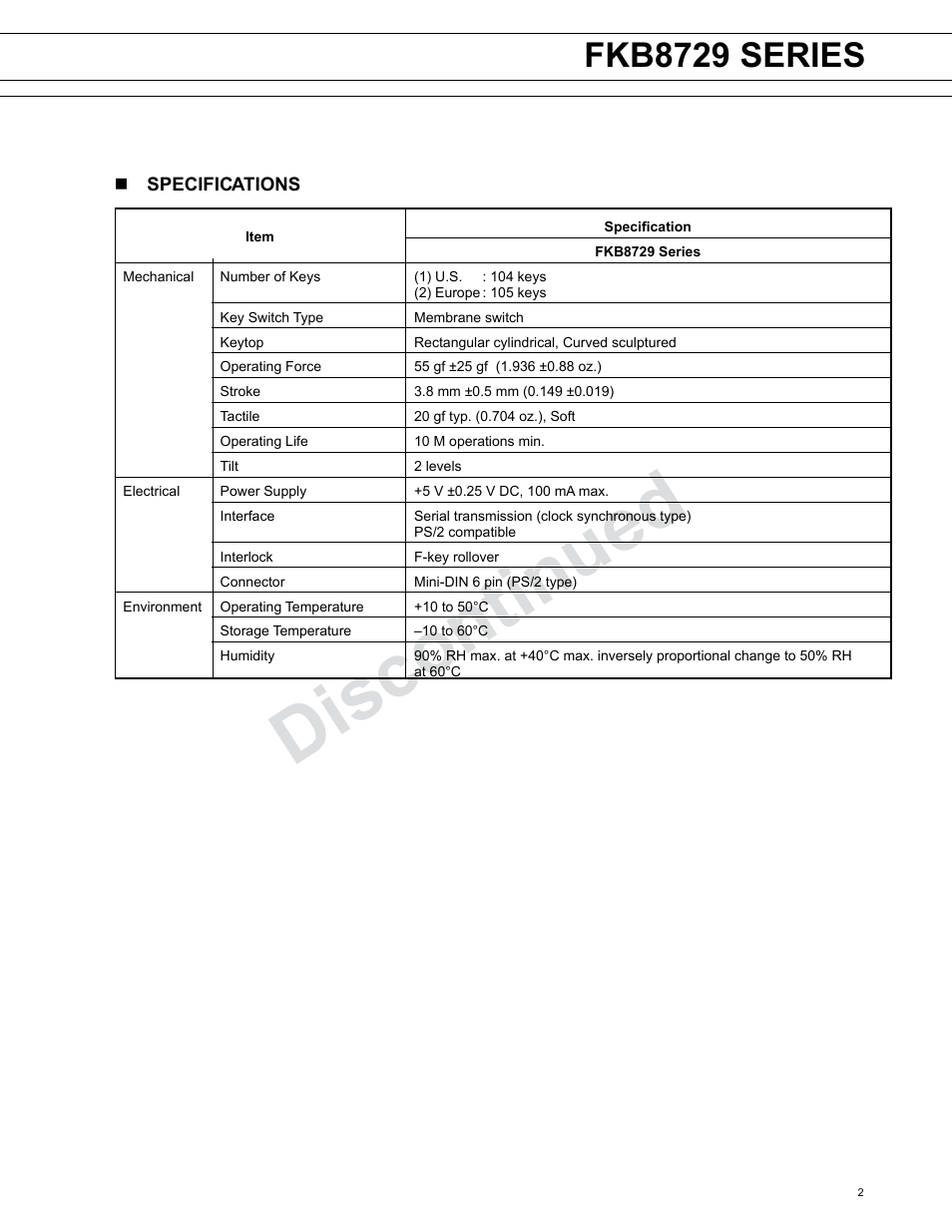 Discontinued, Fkb8729 series | FUJITSU FKB8729 Series User Manual | Page 2 / 8