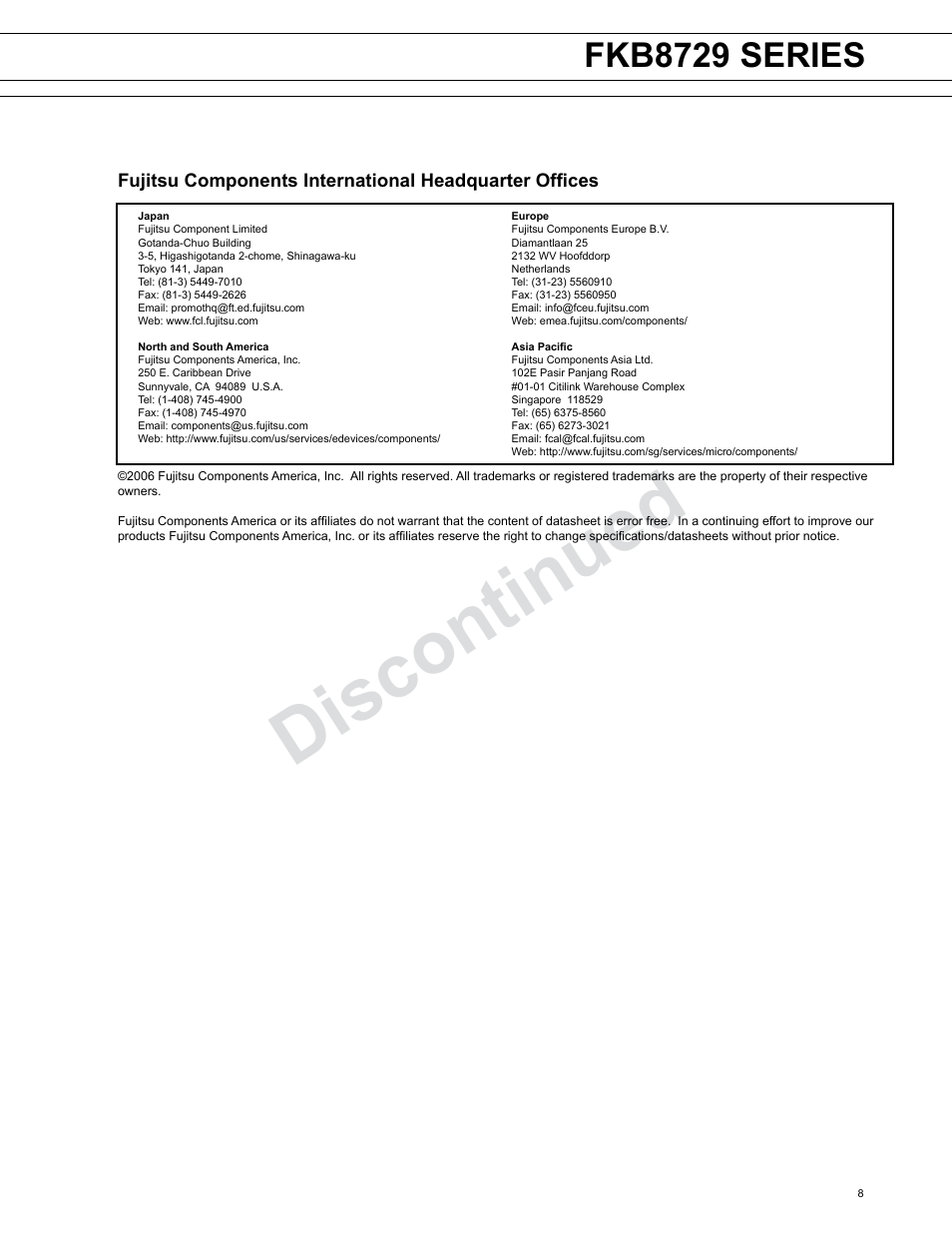 Discontinued, Fkb8729 series | FUJITSU FKB8729 Series User Manual | Page 8 / 8