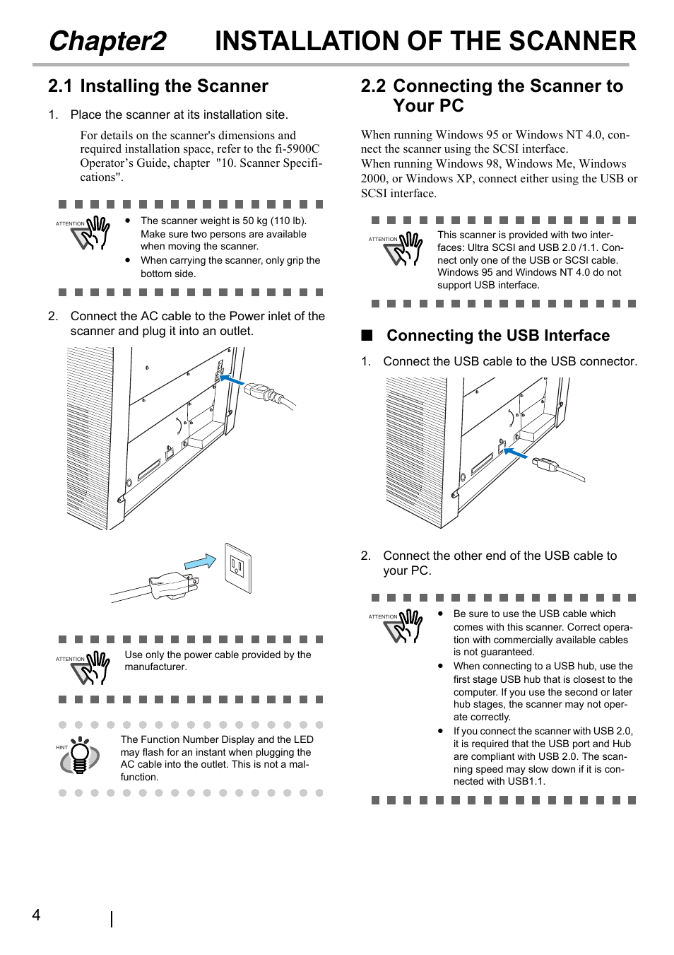 Chapter2 installation of the scanner, 1 installing the scanner, 2 connecting the scanner to your pc | Chapter2, Installation of the scanner, Connecting the usb interface | FUJITSU fi-5900C User Manual | Page 12 / 30