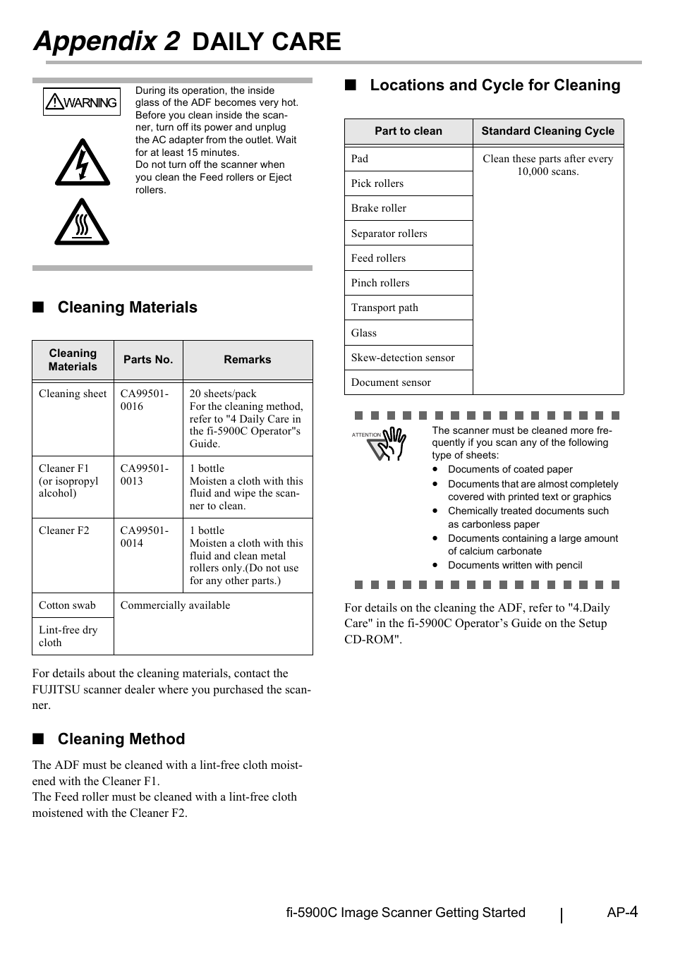 Appendix 2 daily care, Appendix 2, Daily care | Cleaning materials, Cleaning method, Locations and cycle for cleaning | FUJITSU fi-5900C User Manual | Page 27 / 30
