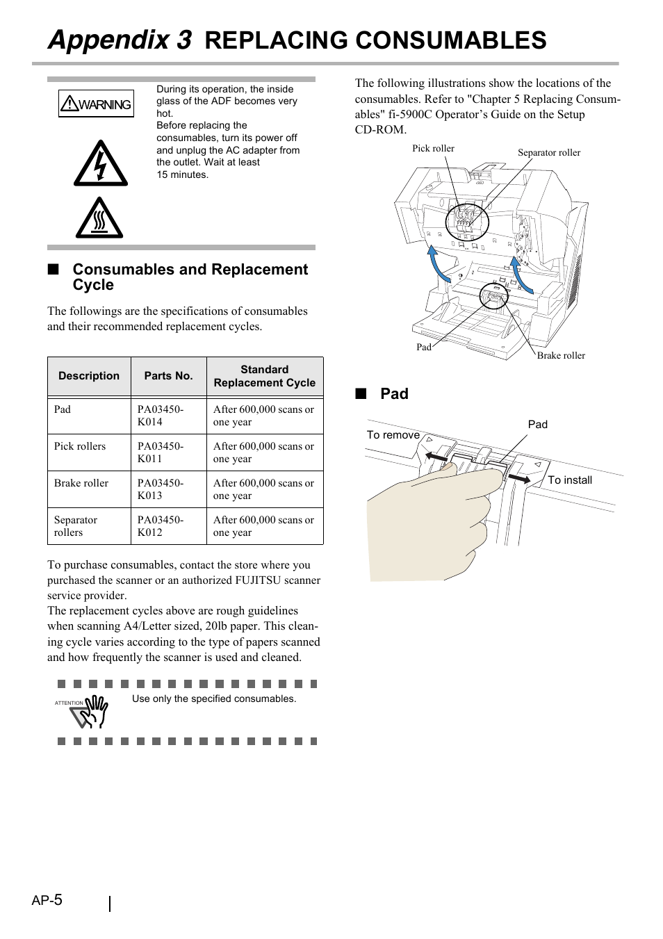 Appendix 3 replacing consumables, Appendix 3, Replacing consumables | Consumables and replacement cycle | FUJITSU fi-5900C User Manual | Page 28 / 30