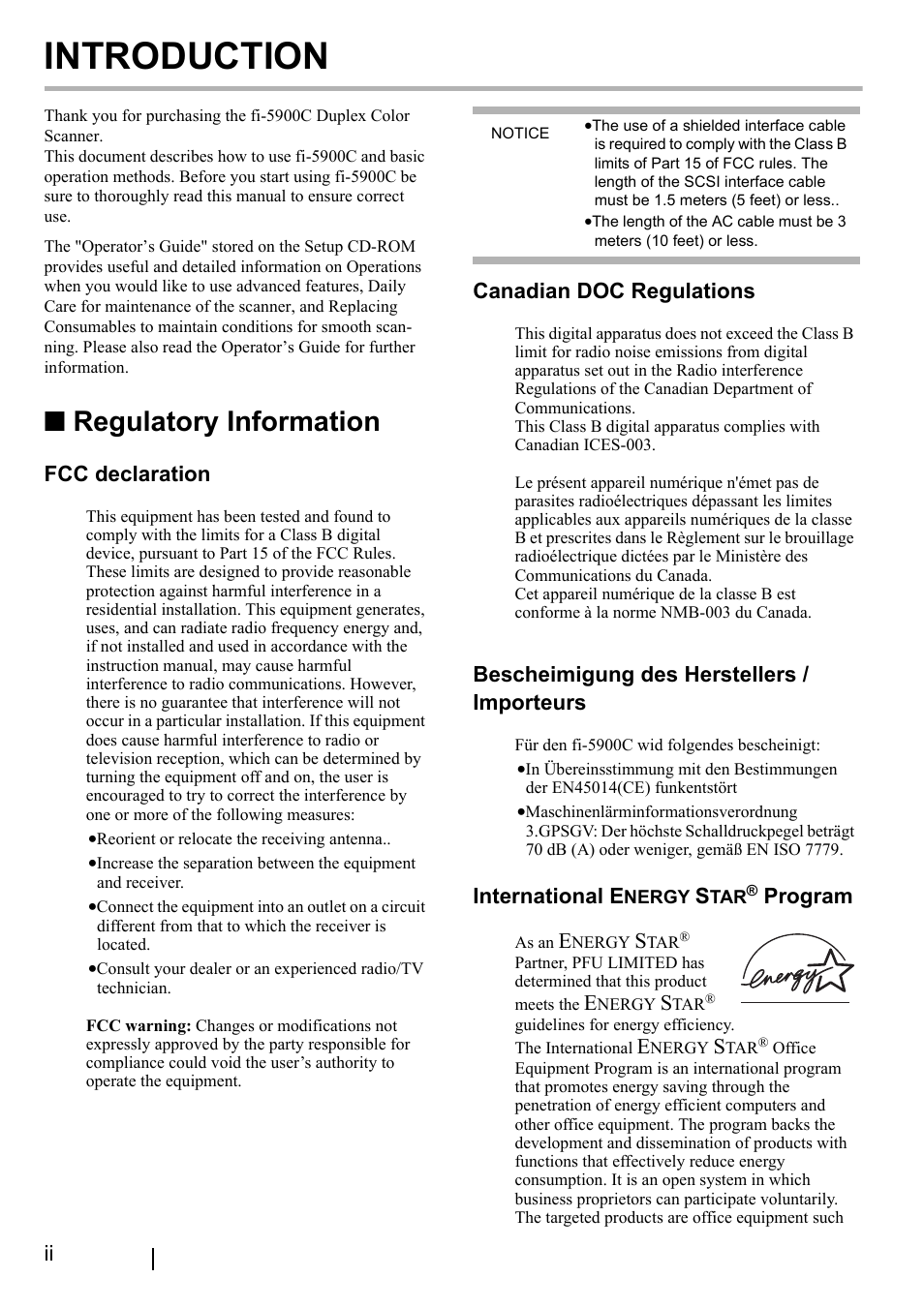 Regulatory information, Introduction, Fcc declaration | Canadian doc regulations, Bescheimigung des herstellers / importeurs, International e, Program | FUJITSU fi-5900C User Manual | Page 4 / 30