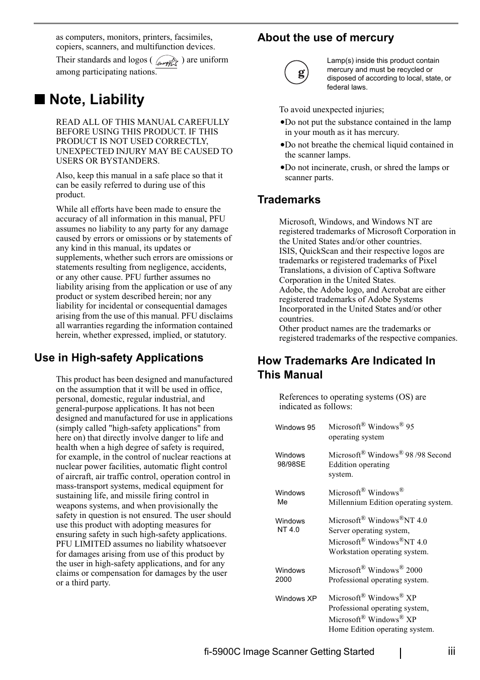 Note, liability, Use in high-safety applications, About the use of mercury | Trademarks, How trademarks are indicated in this manual | FUJITSU fi-5900C User Manual | Page 5 / 30