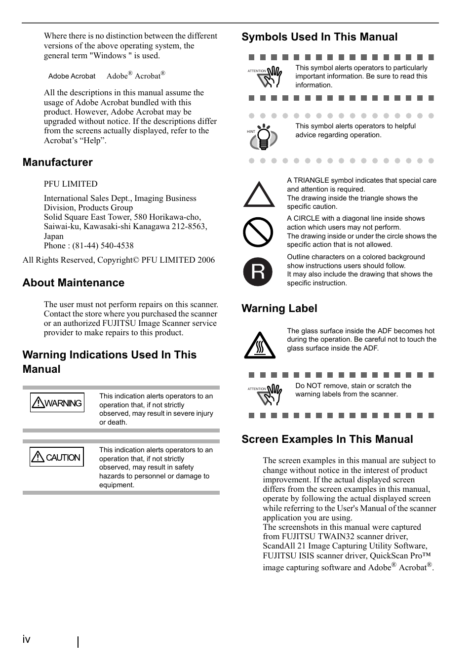 Manufacturer, About maintenance, Screen examples in this manual | FUJITSU fi-5900C User Manual | Page 6 / 30