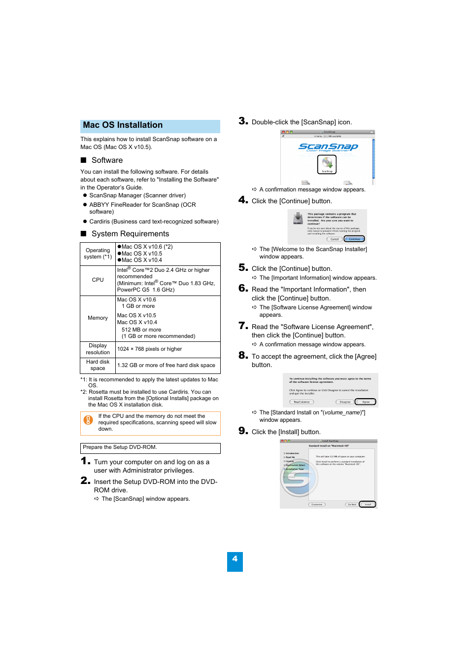 Mac os installation, Software, System requirements | FUJITSU ScanSnap S1300 User Manual | Page 4 / 8