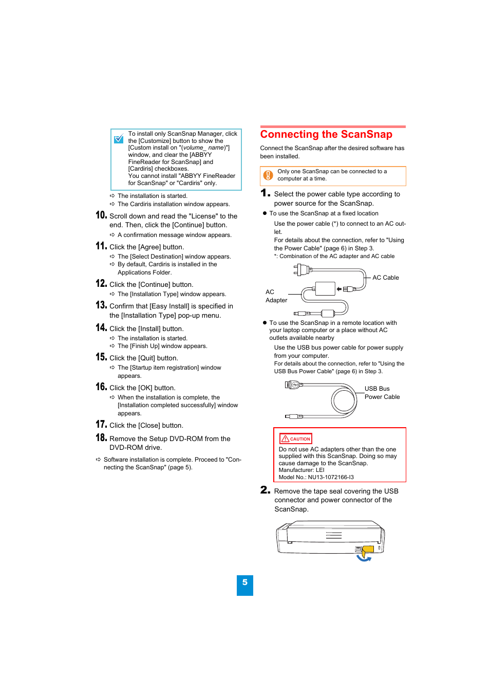 Connecting the scansnap | FUJITSU ScanSnap S1300 User Manual | Page 5 / 8
