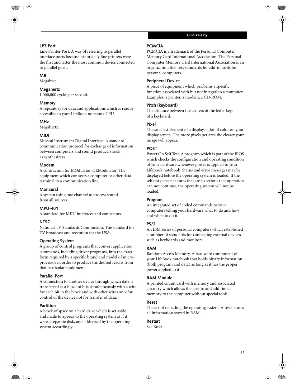 Lpt port, Megahertz, Memory | Midi, Modem, Monaural, Mpu-401, Ntsc, Operating system, Parallel port | FUJITSU DVD Player User Manual | Page 101 / 108