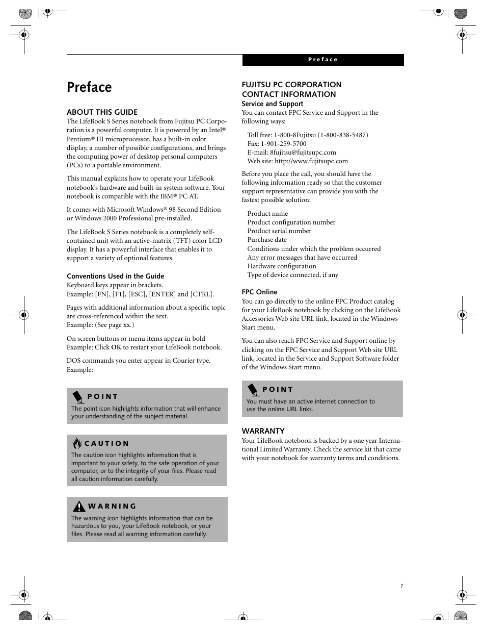 About this guide, Conventions used in the guide, Fujitsu pc corporation contact information | Fpc online, Warranty, Preface | FUJITSU DVD Player User Manual | Page 11 / 108