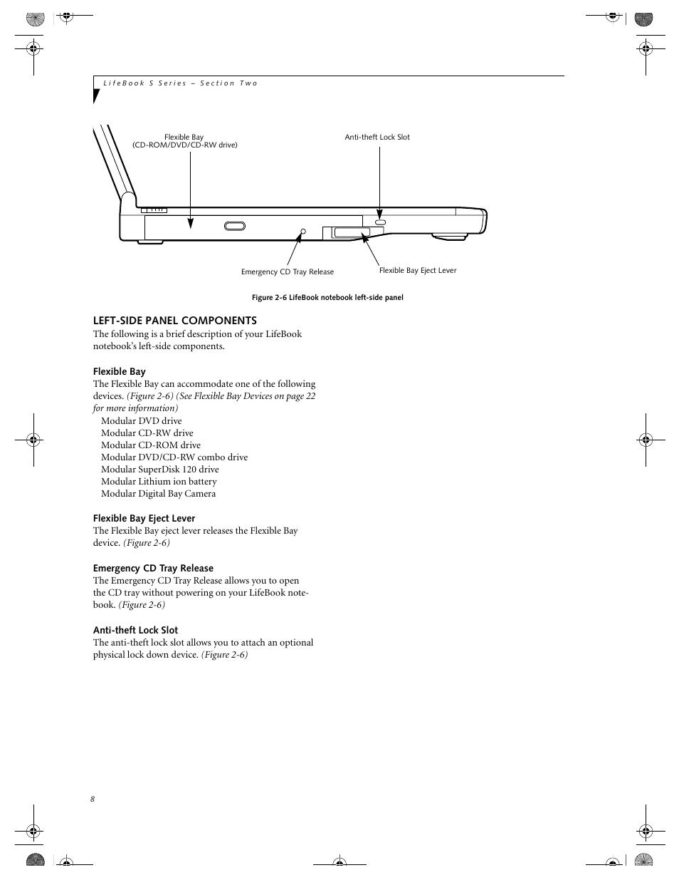 Left-side panel components, Flexible bay, Flexible bay eject lever | Emergency cd tray release, Anti-theft lock slot | FUJITSU DVD Player User Manual | Page 18 / 108