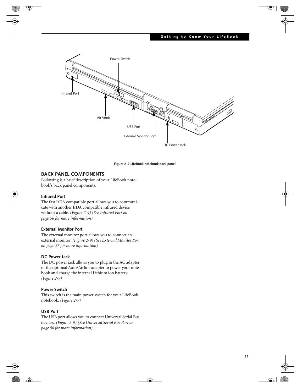 Back panel components, Infrared port, External monitor port | Dc power jack, Power switch, Usb port | FUJITSU DVD Player User Manual | Page 21 / 108