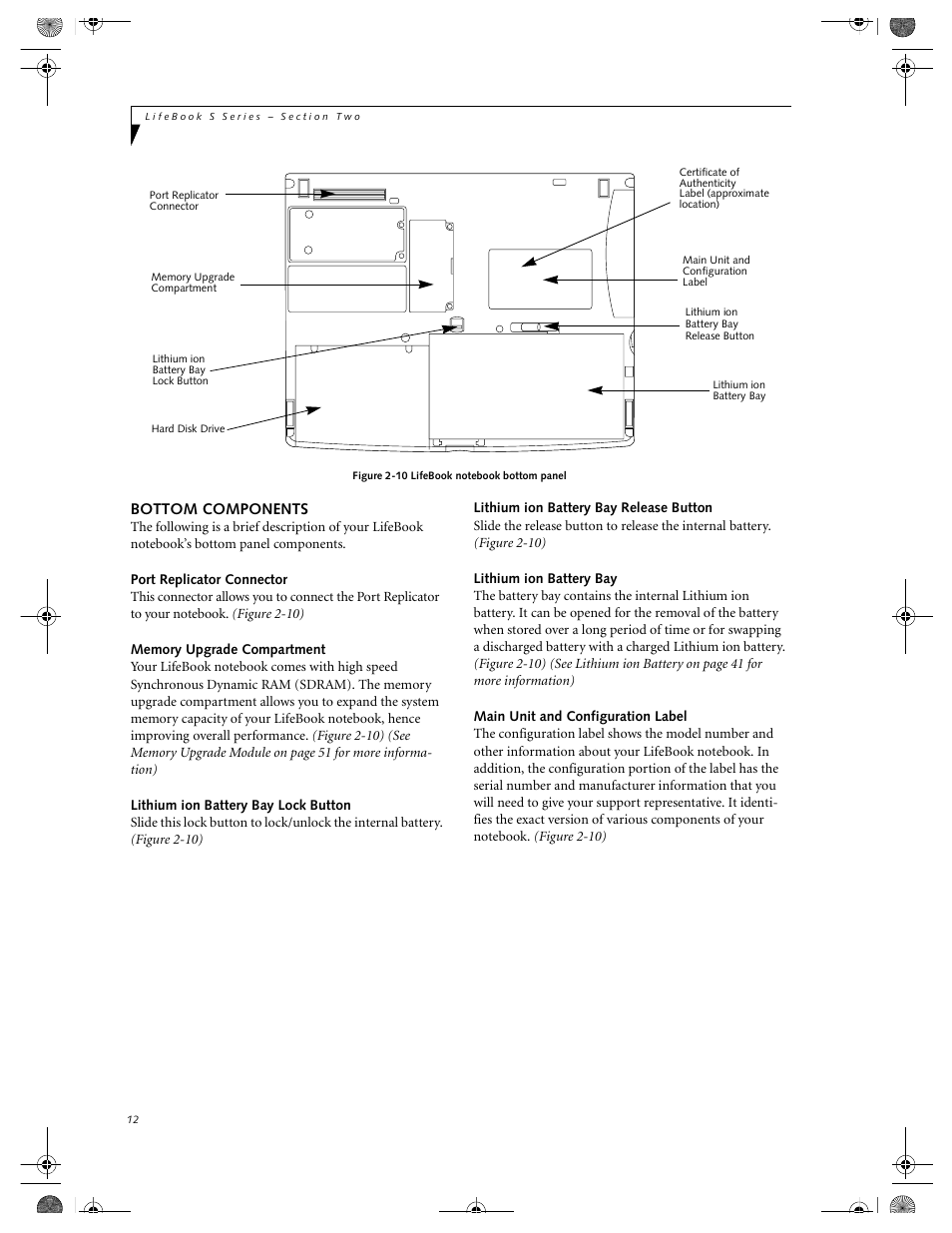 Bottom components, Port replicator connector, Memory upgrade compartment | Lithium ion battery bay lock button, Lithium ion battery bay release button, Lithium ion battery bay, Main unit and configuration label | FUJITSU DVD Player User Manual | Page 22 / 108