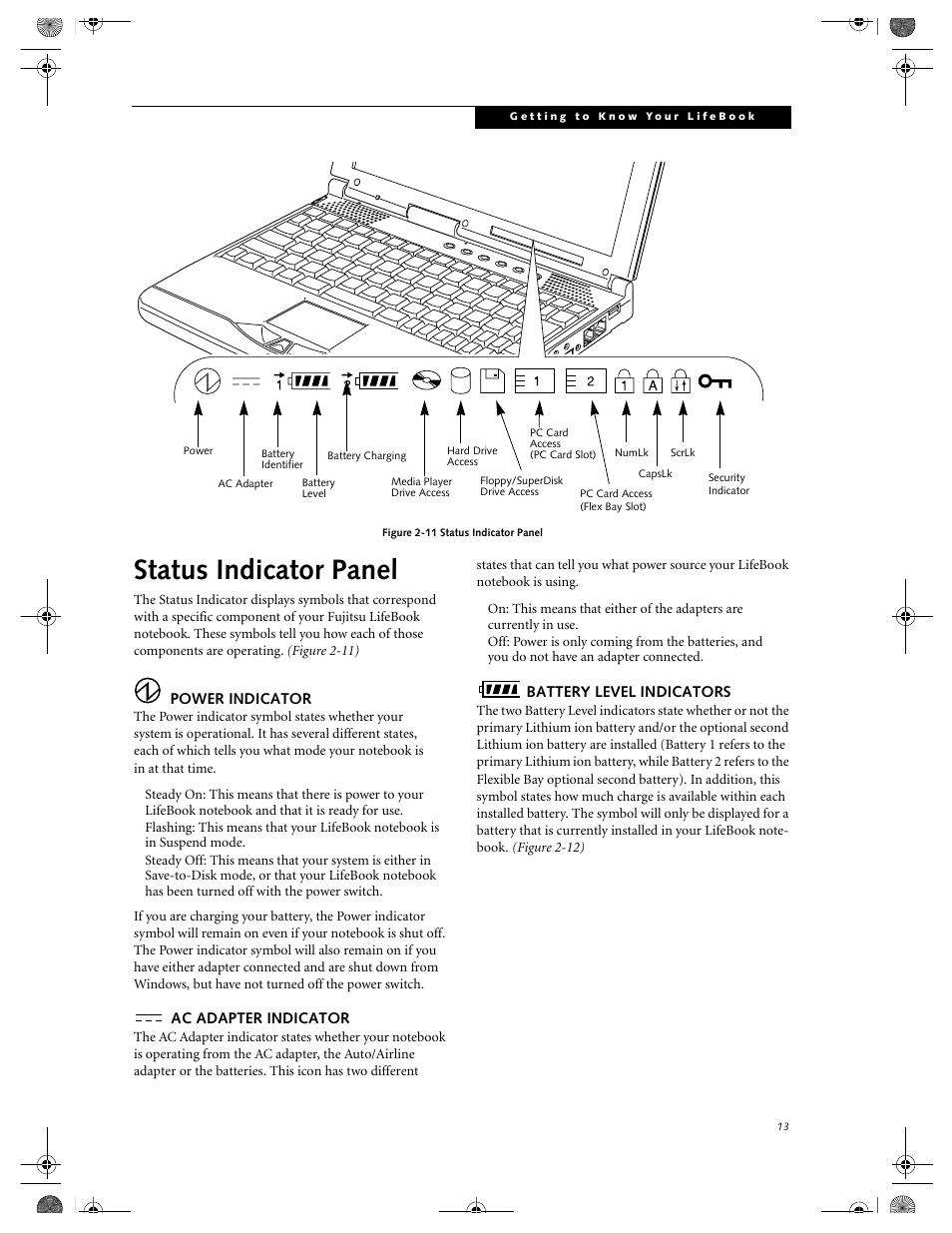 Power indicator, Ac adapter indicator, Battery level indicators | Status indicator panel | FUJITSU DVD Player User Manual | Page 23 / 108