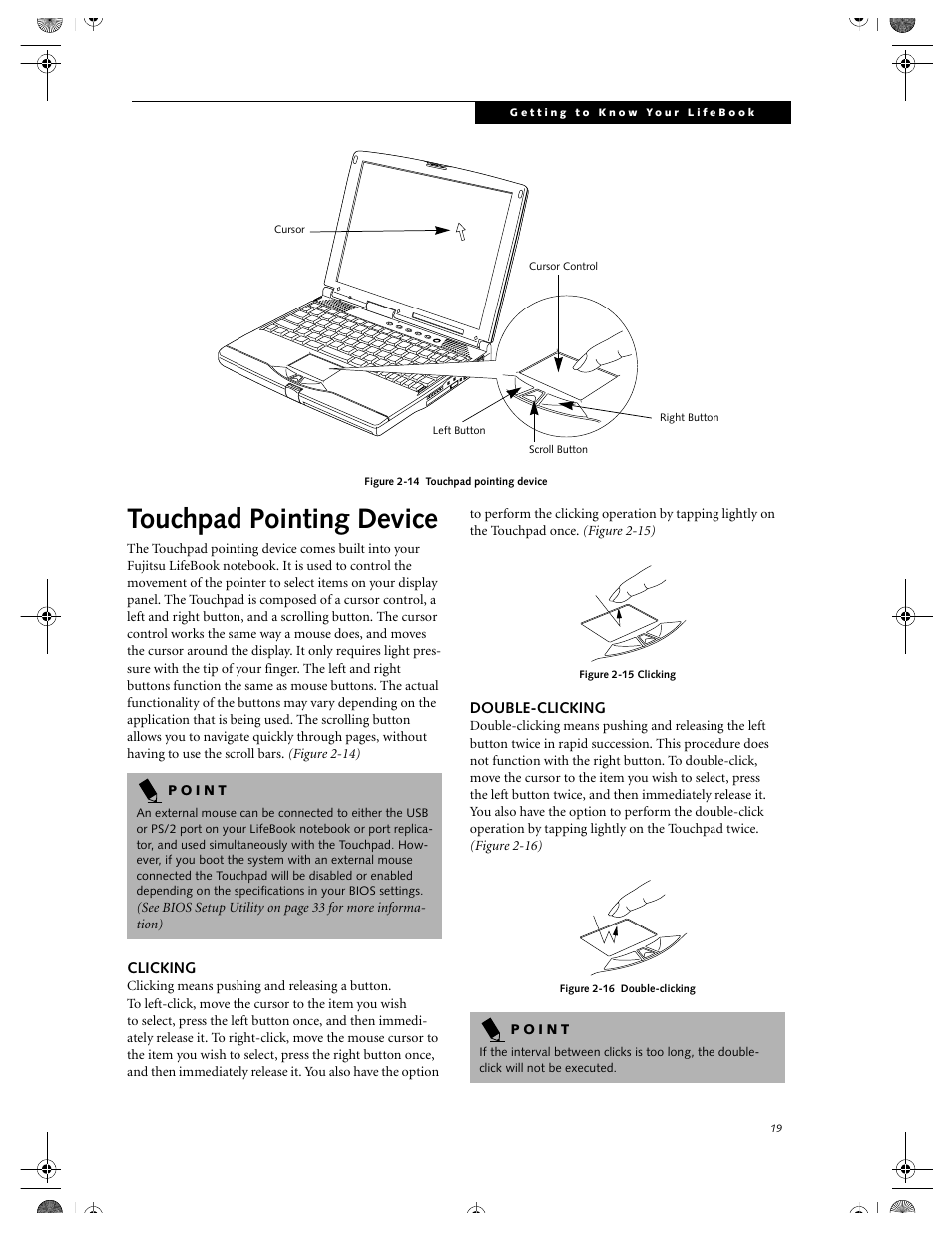 Clicking, Double-clicking, Touchpad pointing device | Clicking double-clicking | FUJITSU DVD Player User Manual | Page 29 / 108